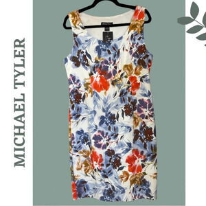 Michael Tyler Sleeveless  Floral Print Stretch Lined Sheath Dress Blue Medium